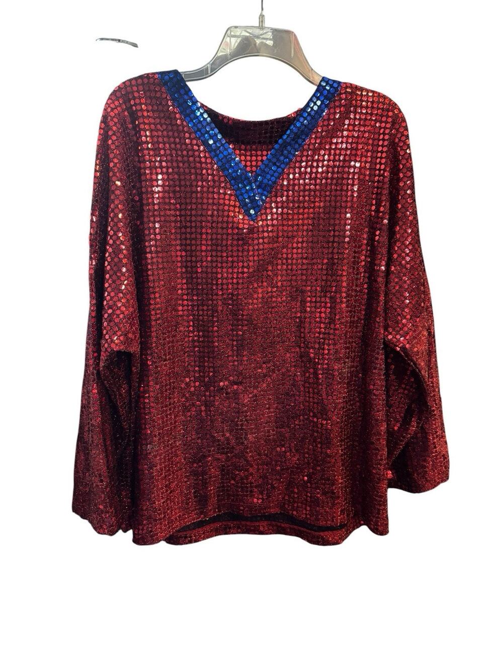 Vintage 80’s Red Blue Sequins V-Neck Long Sleeve Blouse XL Costume Eveningwear